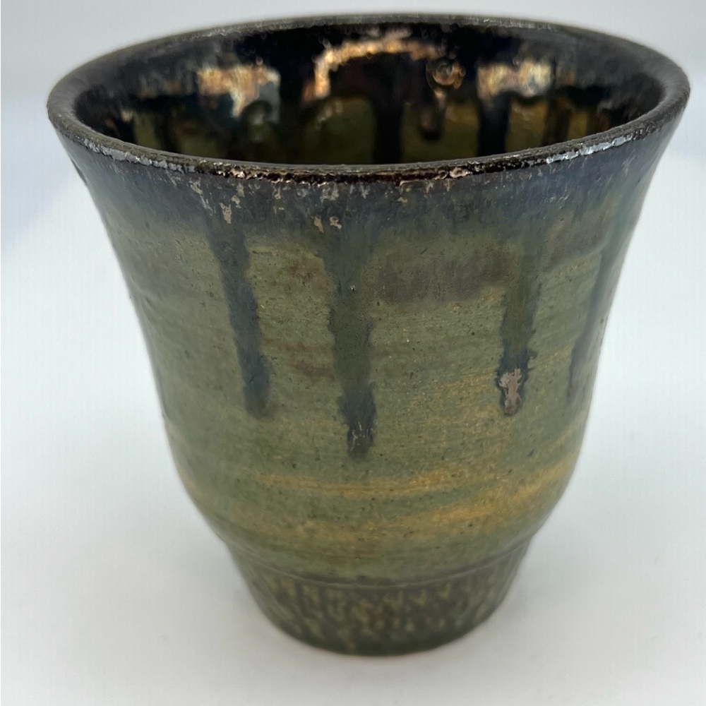 Handmade Studio Pottery Planter Vase  Cup Green Drip Glaze Tumbler Artist Signed